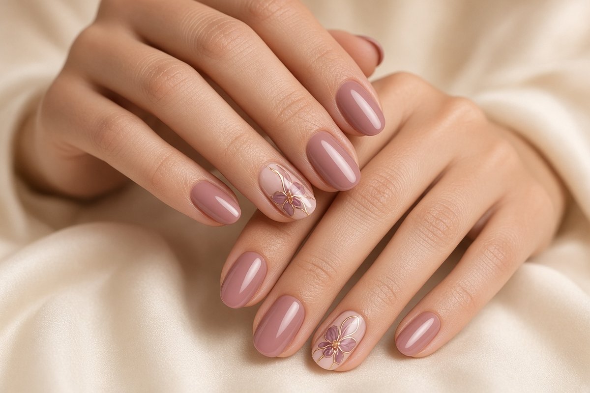 Nailart mit Orchideenmotiv in Rosé